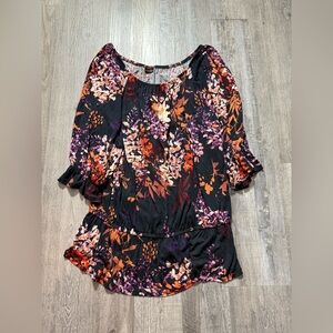 Ruffled Relaxed Orange and Brown Blouse boho spring floral lightweight